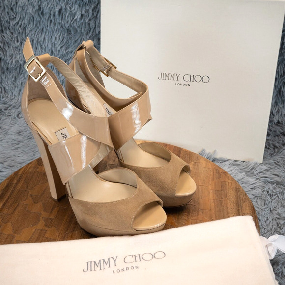 Jimmy Choo Fiery Beige Patent Platform Ankle Strap Heel Sandals EU 40 US 10 - Picture 2 of 13
